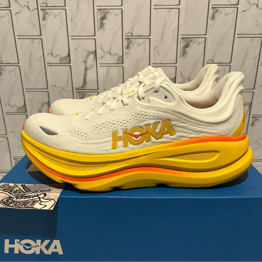 New Hoka One One Bondi 9 Running Shoes White Yellow Orange Training Gym 10 - 12